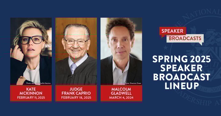Spring 2025 NSLS Speakers: Kate McKinnon, Judge Frank Caprio, and Malcolm Gladwell.